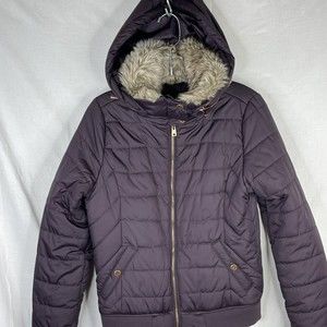 Aeropostale Juniors Size XS Purple Puffer Coat Jacket Faux Fur‎ Trim Hidden Hood